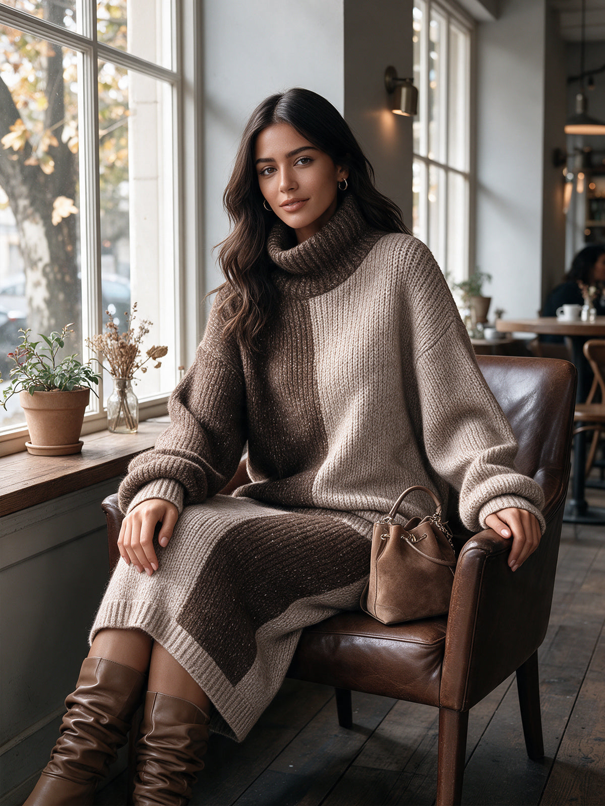 Chic Elegant Coffee-Oatmeal Colorblock Turtleneck Long-Sleeve Loose-Fit Sweater Straight Midi Skirt Wool Blend Knit Two-Piece Set