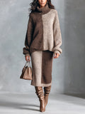 Chic Elegant Coffee-Oatmeal Colorblock Turtleneck Long-Sleeve Loose-Fit Sweater Straight Midi Skirt Wool Blend Knit Two-Piece Set