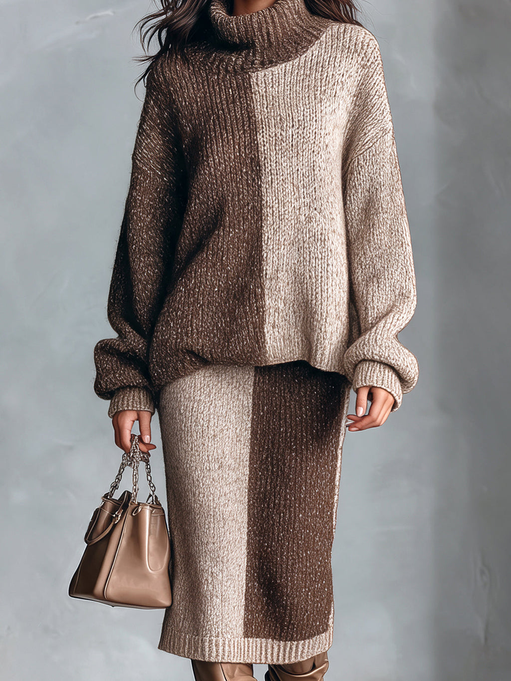 Chic Elegant Coffee-Oatmeal Colorblock Turtleneck Long-Sleeve Loose-Fit Sweater Straight Midi Skirt Wool Blend Knit Two-Piece Set