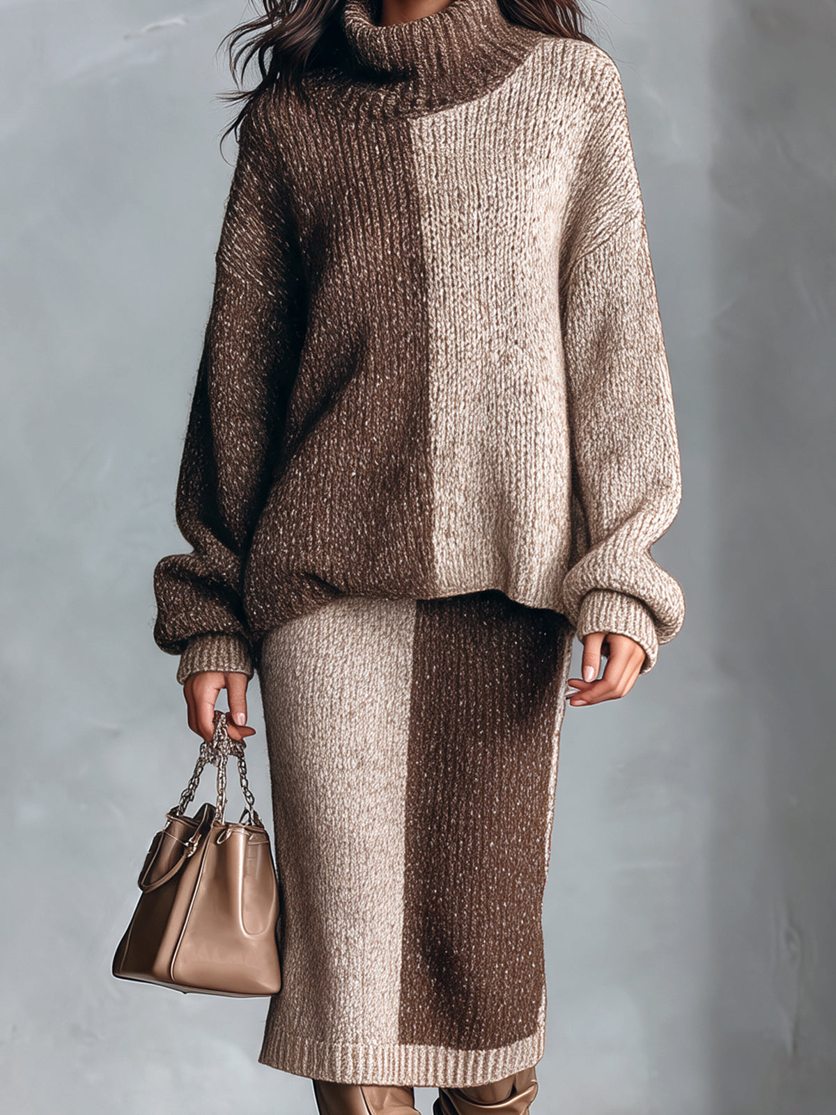 Chic Elegant Coffee-Oatmeal Colorblock Turtleneck Long-Sleeve Loose-Fit Sweater Straight Midi Skirt Wool Blend Knit Two-Piece Set