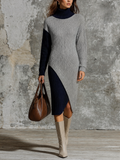 Chic Elegant Grey-Navy Blue Colorblock Turtleneck Long-Sleeve Slim-Fit Asymmetrical Overlapping Hem Knit Midi Dress