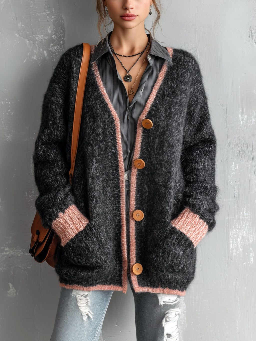 Chic Elegant Dark Gray-Pink Colorblock V-Neck Long-Sleeve Single-Breasted Patch Pockets Loose-Fit Mohair Knit Cardigan