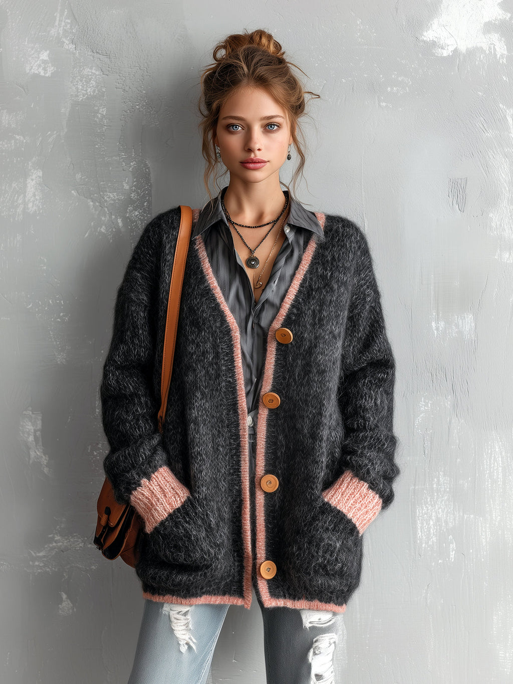 Chic Elegant Dark Gray-Pink Colorblock V-Neck Long-Sleeve Single-Breasted Patch Pockets Loose-Fit Mohair Knit Cardigan