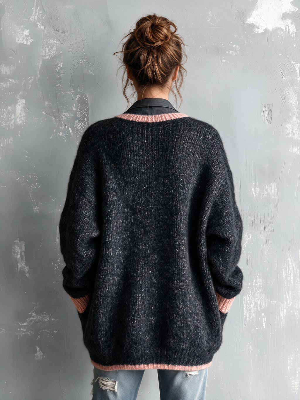 Chic Elegant Dark Gray-Pink Colorblock V-Neck Long-Sleeve Single-Breasted Patch Pockets Loose-Fit Mohair Knit Cardigan