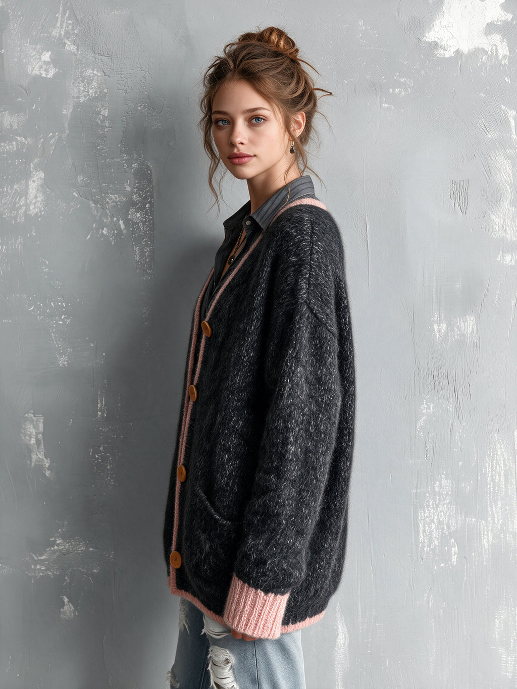 Chic Elegant Dark Gray-Pink Colorblock V-Neck Long-Sleeve Single-Breasted Patch Pockets Loose-Fit Mohair Knit Cardigan
