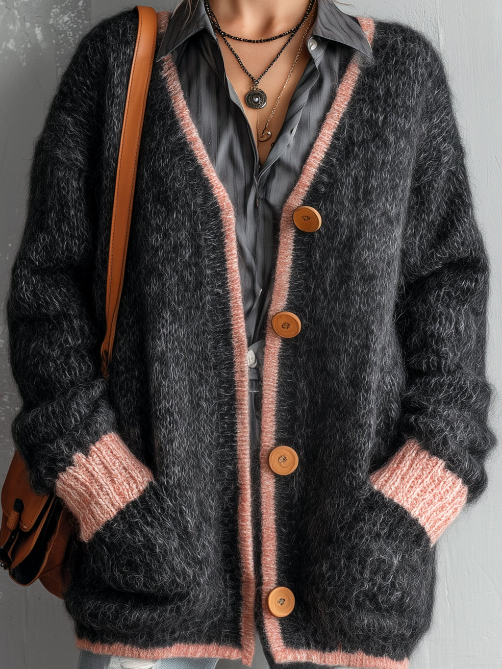Chic Elegant Dark Gray-Pink Colorblock V-Neck Long-Sleeve Single-Breasted Patch Pockets Loose-Fit Mohair Knit Cardigan