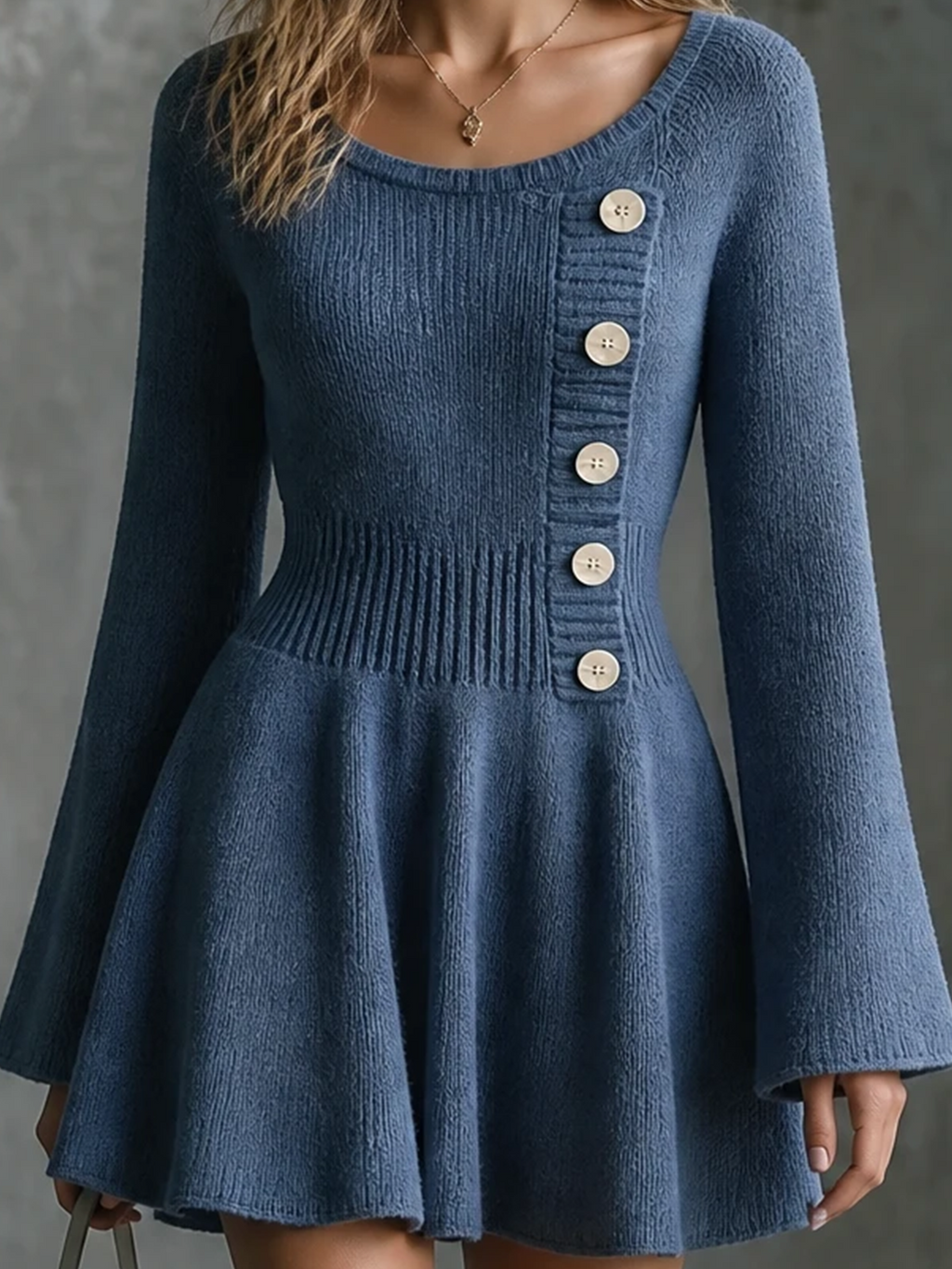 Chic Elegant Dusty Blue Round-Neck Flare Long-Sleeve Side Button Detail Slim-Fit A‑line Knit Mini Dress