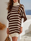 Resort Loungewear Vibe Brown White Stripe Button Detail Cape Knit Dress