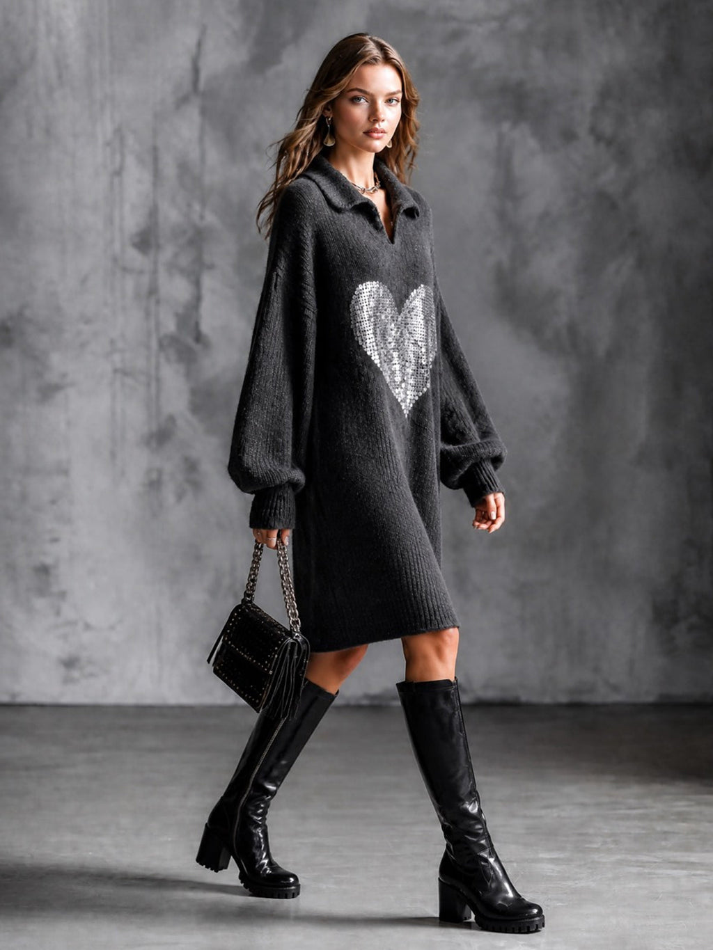 Chic Elegant Dark Gray Lapel V-Neck Long-Lantern-Sleeve Sequins Heart Patch Detail Loose-Fit Wool Blend Knit Midi Dress