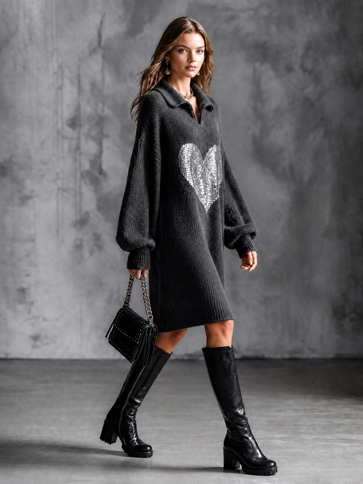 Chic Elegant Dark Gray Lapel V-Neck Long-Lantern-Sleeve Sequins Heart Patch Detail Loose-Fit Wool Blend Knit Midi Dress