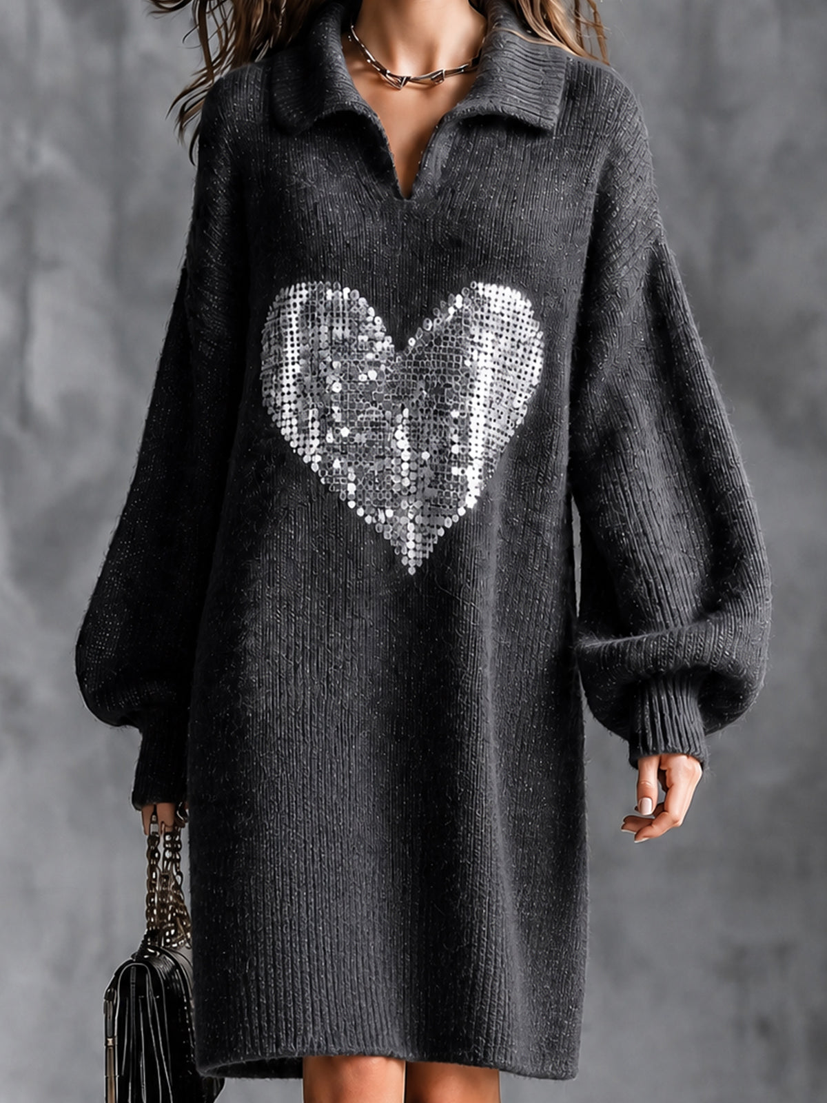Chic Elegant Dark Gray Lapel V-Neck Long-Lantern-Sleeve Sequins Heart Patch Detail Loose-Fit Wool Blend Knit Midi Dress