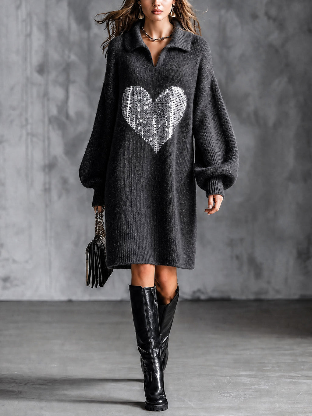 Chic Elegant Dark Gray Lapel V-Neck Long-Lantern-Sleeve Sequins Heart Patch Detail Loose-Fit Wool Blend Knit Midi Dress