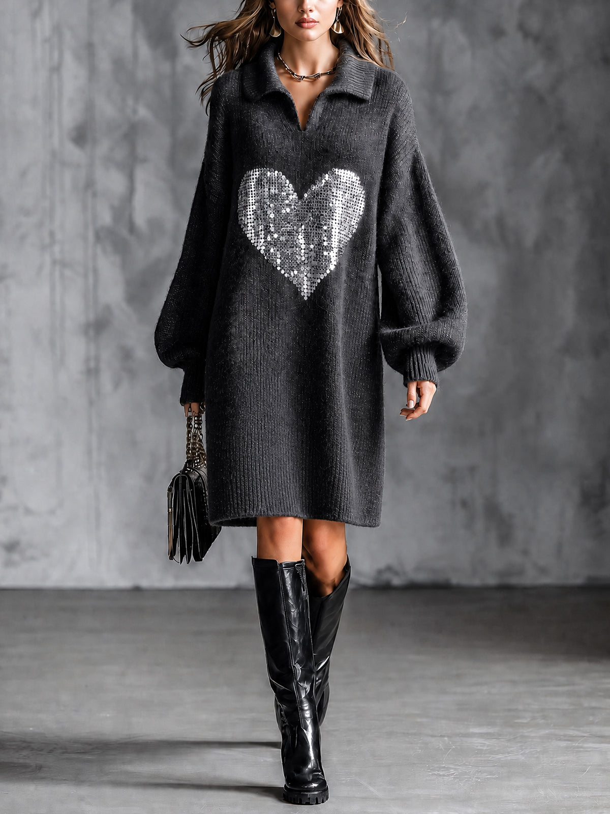 Chic Elegant Dark Gray Lapel V-Neck Long-Lantern-Sleeve Sequins Heart Patch Detail Loose-Fit Wool Blend Knit Midi Dress