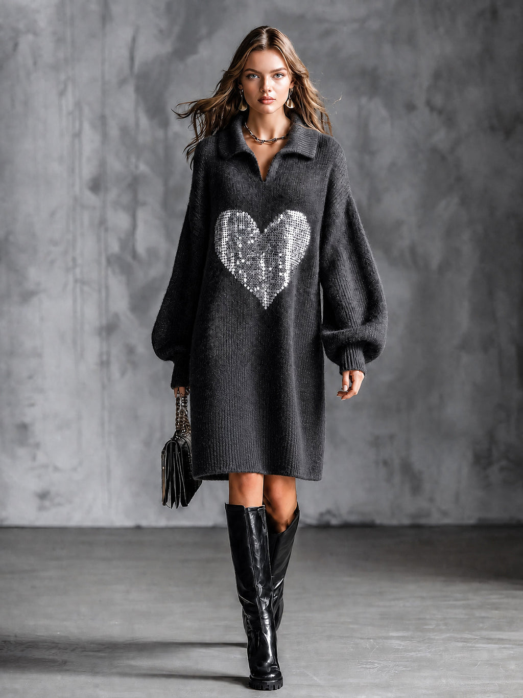 Chic Elegant Dark Gray Lapel V-Neck Long-Lantern-Sleeve Sequins Heart Patch Detail Loose-Fit Wool Blend Knit Midi Dress