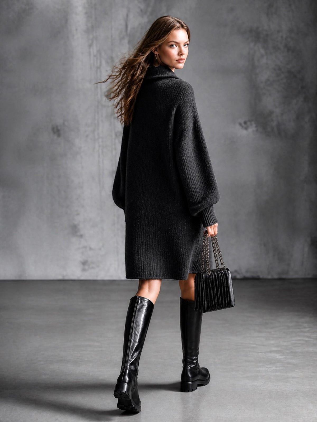 Chic Elegant Dark Gray Lapel V-Neck Long-Lantern-Sleeve Sequins Heart Patch Detail Loose-Fit Wool Blend Knit Midi Dress