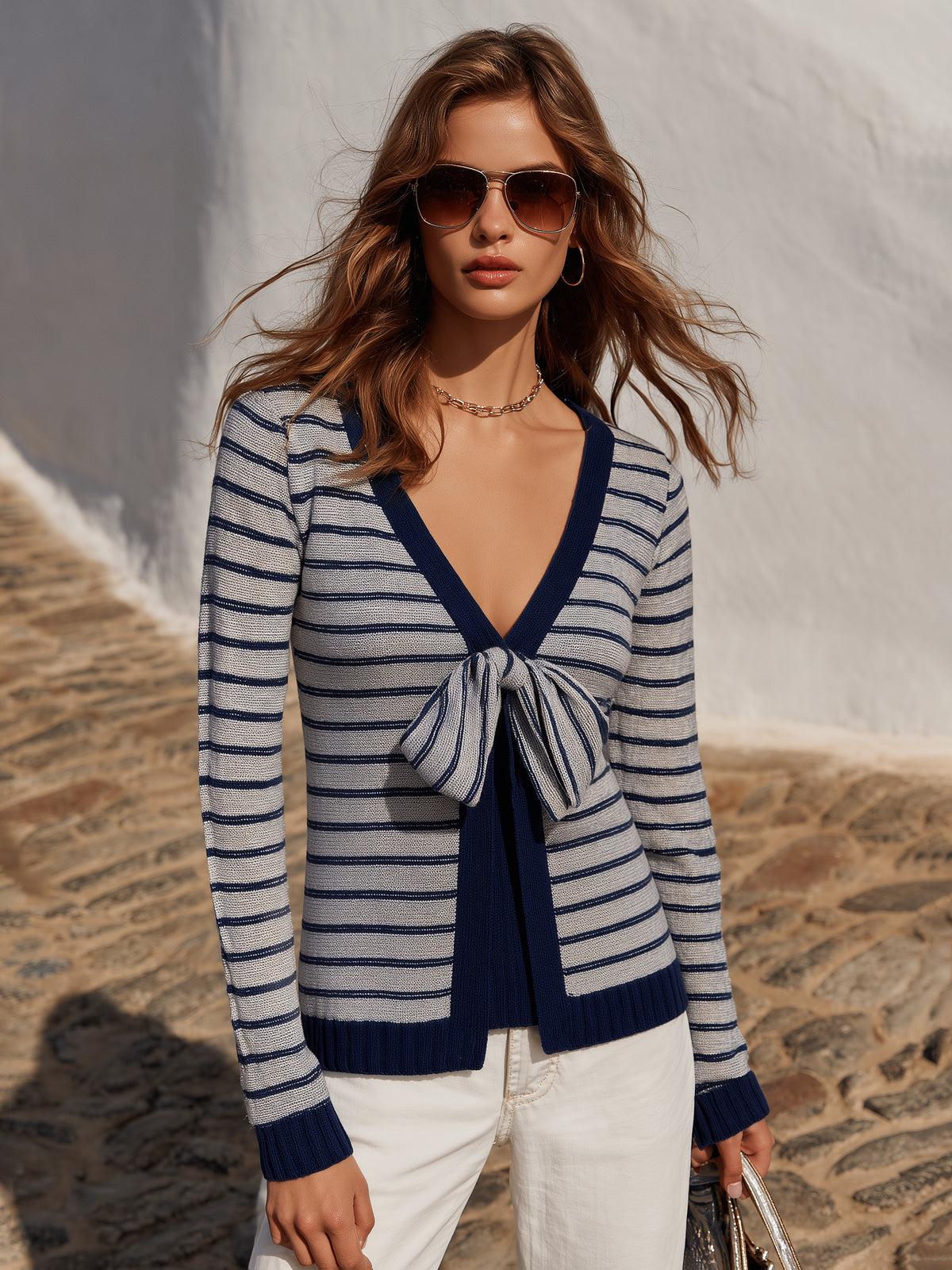 Nautical Vibe Grey Navy Stripe Detachable Decorative Tie Knit Cardigan And Tank Top Two‑Piece Set