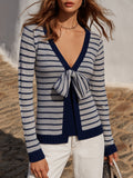 Nautical Vibe Grey Navy Stripe Detachable Decorative Tie Knit Cardigan And Tank Top Two‑Piece Set
