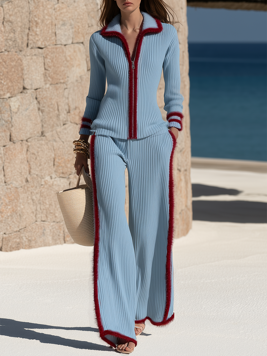 Stylish Mohair Contrasting Webbing Top And Wide-leg Trousers Blue Knit Set