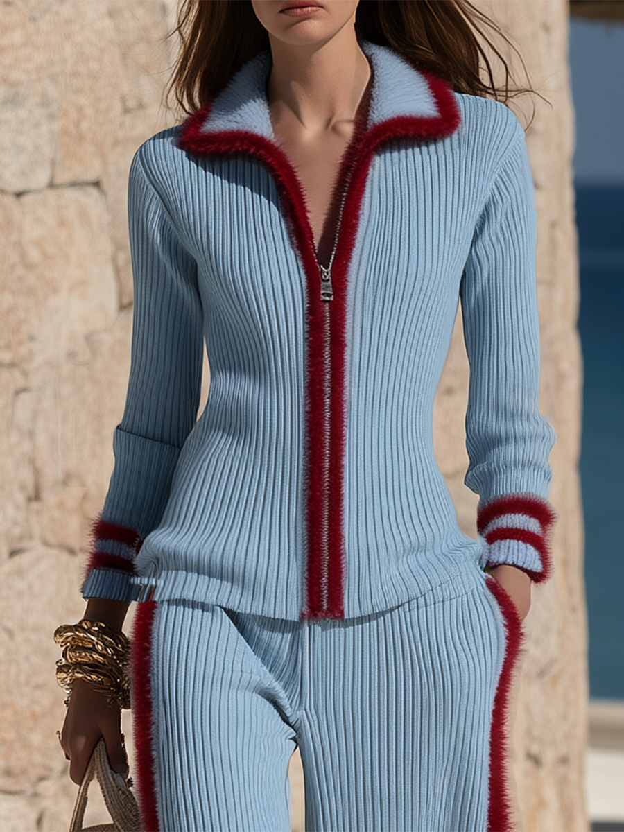Stylish Mohair Contrasting Webbing Top And Wide-leg Trousers Blue Knit Set