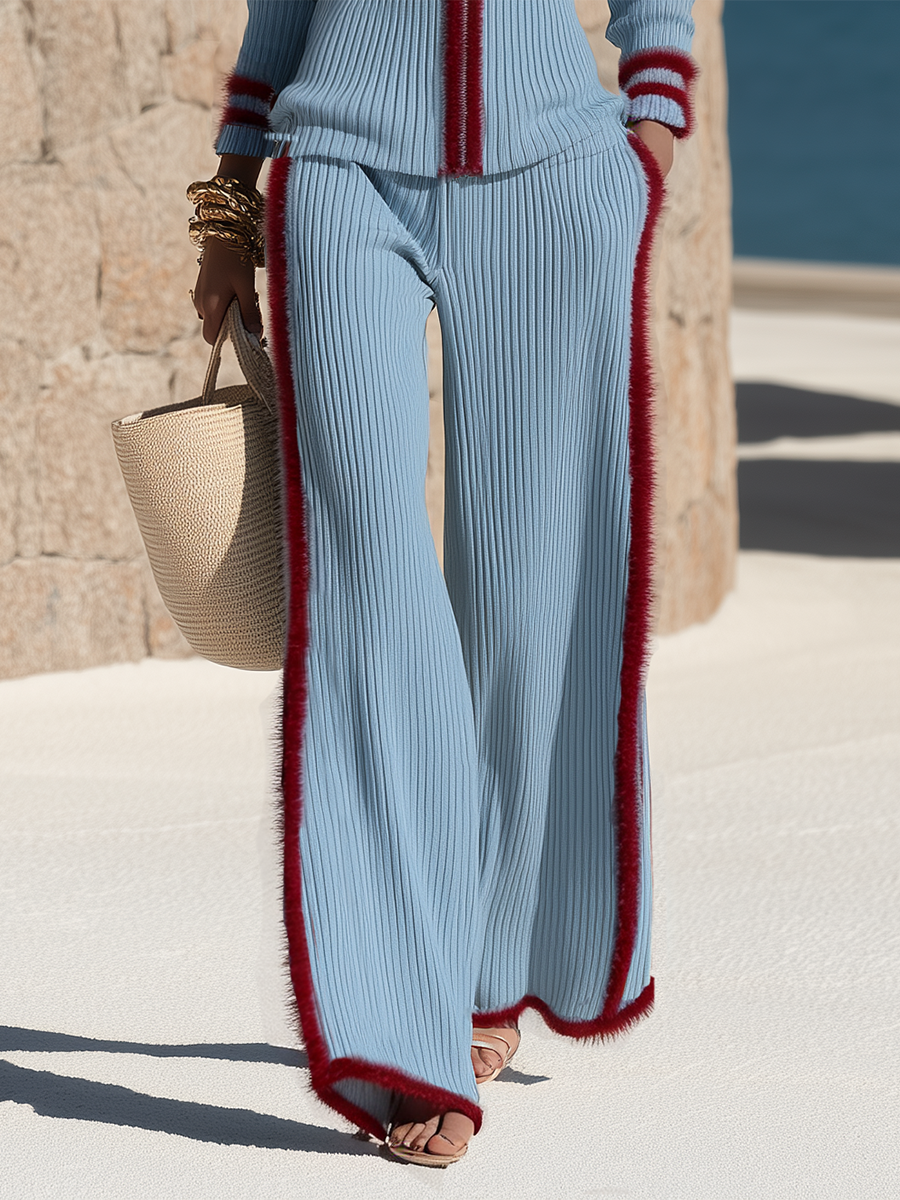 Stylish Mohair Contrasting Webbing Top And Wide-leg Trousers Blue Knit Set