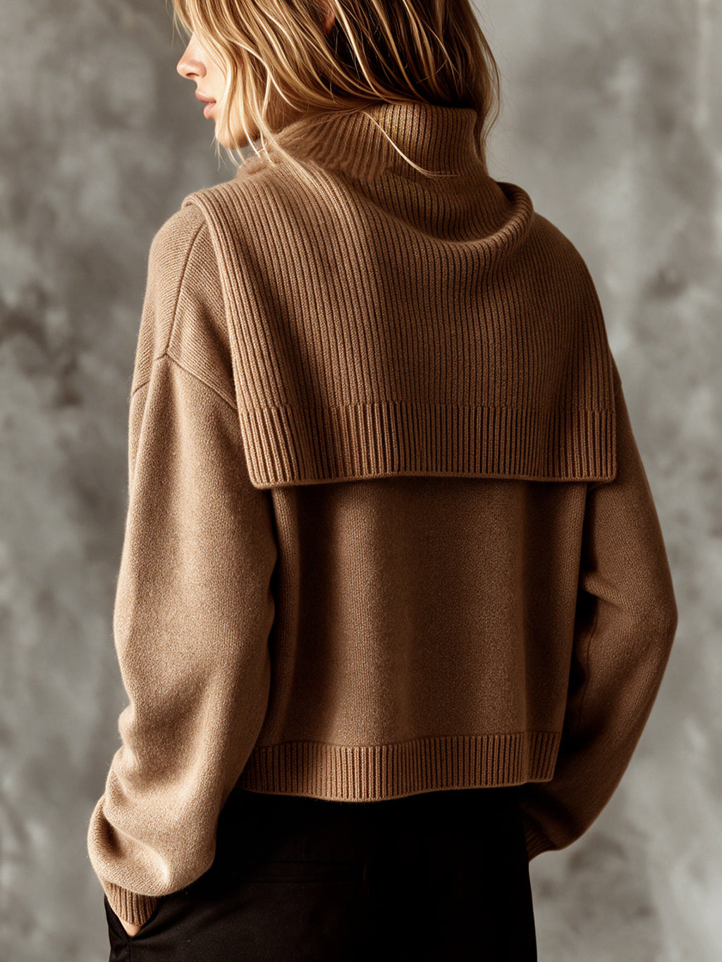 Chic Elegant Camel Round-Neck Long-Sleeve Single-Breasted Cardigan Detachable Cape Wool Blend Knit Two-Piece Set