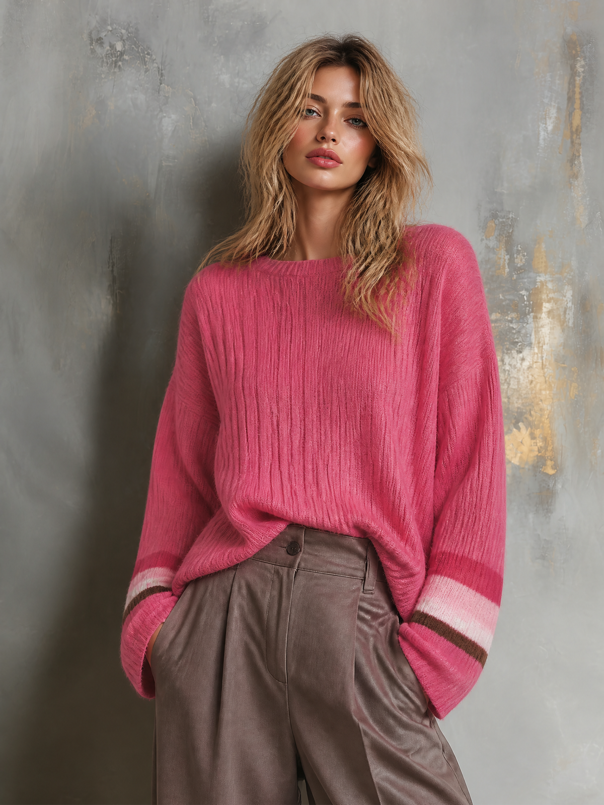 Chic Casual Hot Pink Round-Neck Colorblock Striped Cuffs Dropped-Shoulder Long-Sleeve Loose-Fit Knit Sweater