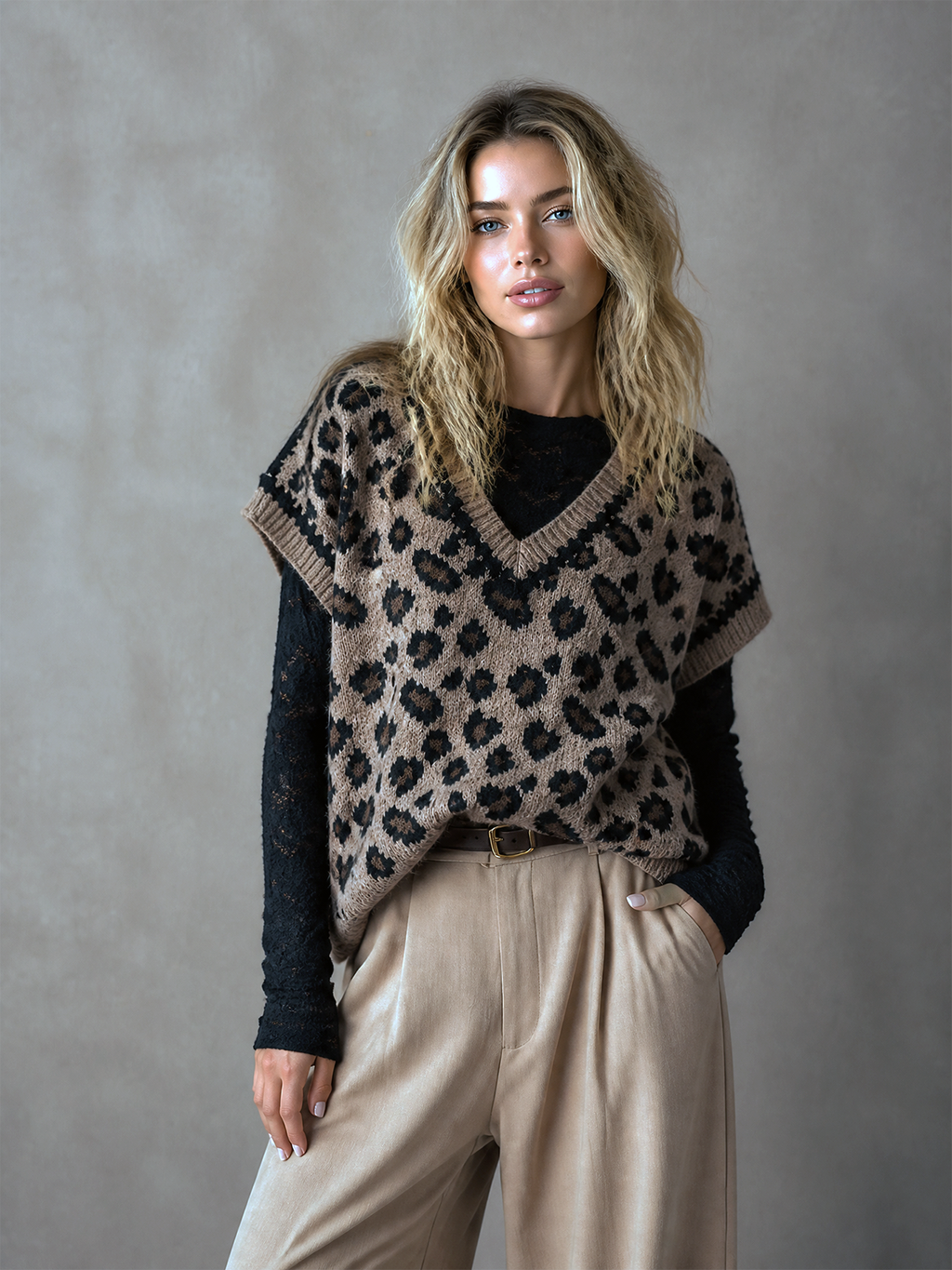 Chic Elegant Taupe-Brown Leopard Jacquard V-Neck Cap Sleeve Loose-Fit Wool‑Blend Knit Vest Top