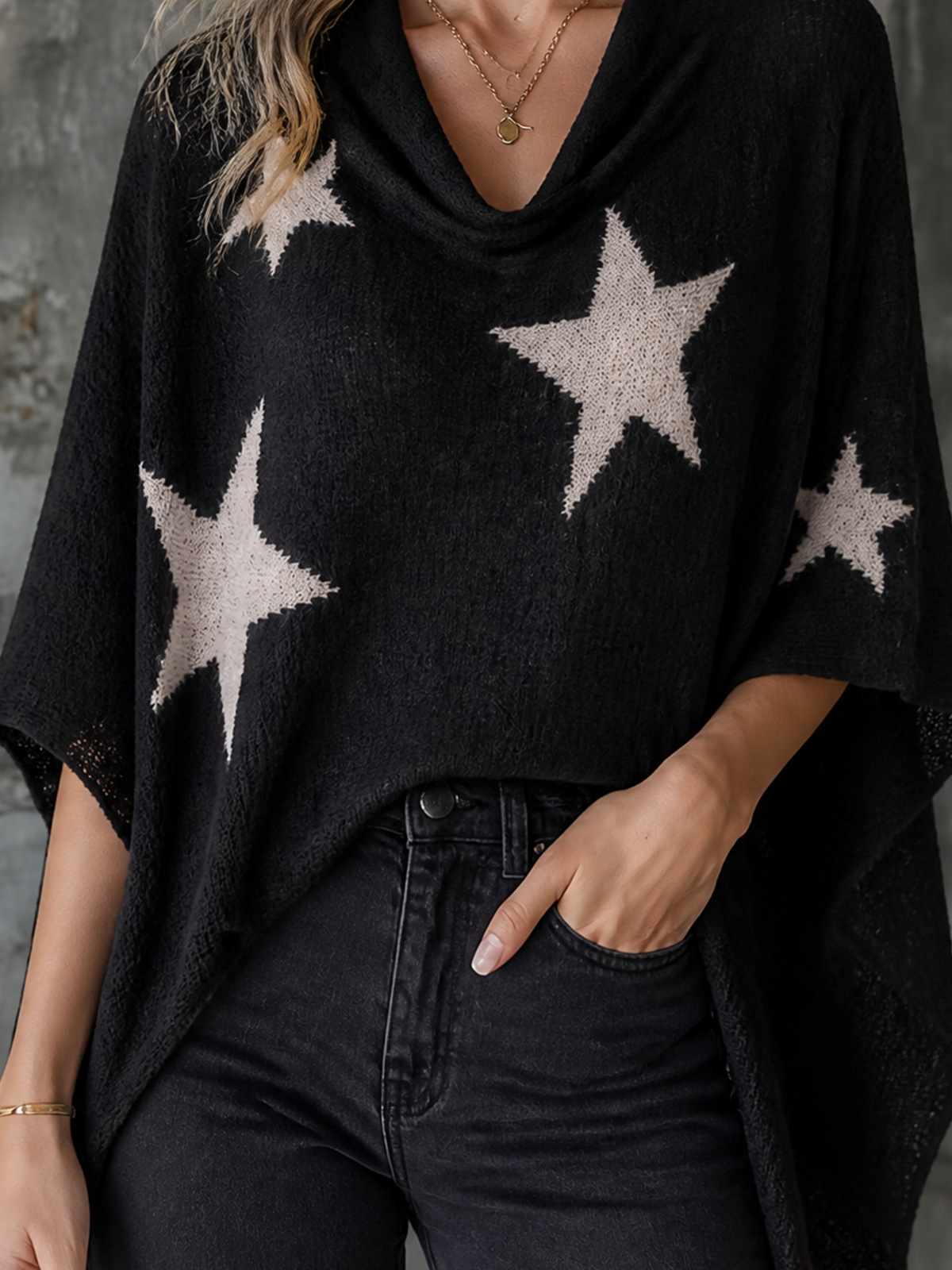 Chic Casual Black Cowl Turtleneck Star Jacquard Batwing Sleeve Asymmetrical Hem Loose-Fit Knit Cape Sweater