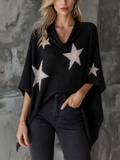 Chic Casual Black Cowl Turtleneck Star Jacquard Batwing Sleeve Asymmetrical Hem Loose-Fit Knit Cape Sweater