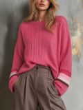 Chic Casual Hot Pink Round-Neck Colorblock Striped Cuffs Dropped-Shoulder Long-Sleeve Loose-Fit Knit Sweater