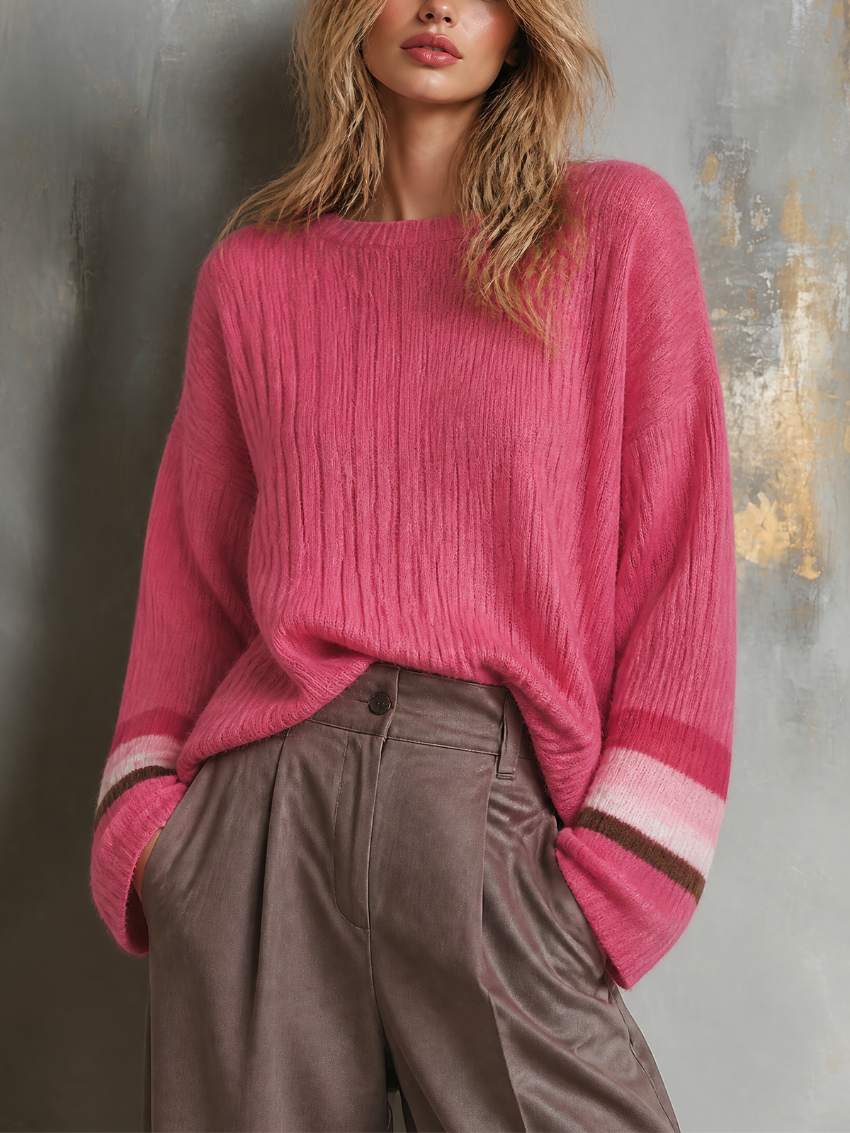 Chic Casual Hot Pink Round-Neck Colorblock Striped Cuffs Dropped-Shoulder Long-Sleeve Loose-Fit Knit Sweater
