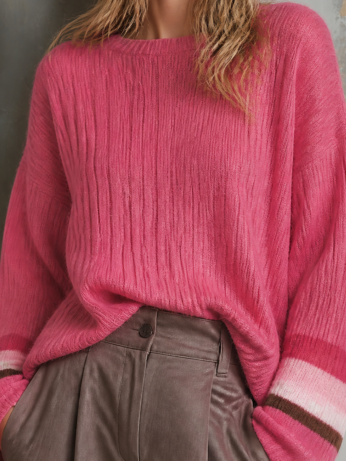 Chic Casual Hot Pink Round-Neck Colorblock Striped Cuffs Dropped-Shoulder Long-Sleeve Loose-Fit Knit Sweater