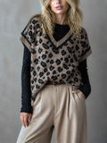 Chic Elegant Taupe-Brown Leopard Jacquard V-Neck Cap Sleeve Loose-Fit Wool‑Blend Knit Vest Top