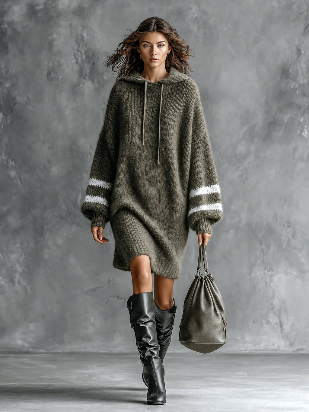 Chic Casual Army Green-White Colorblock Stripes Hooded Collar Long-Lantern-Sleeve Oversized Wool Blend Knit Midi Dress