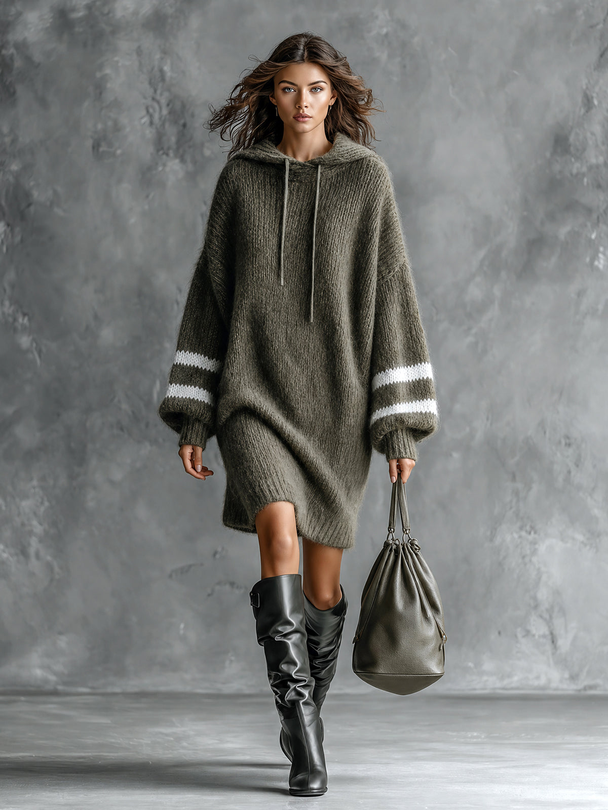 Chic Casual Army Green-White Colorblock Stripes Hooded Collar Long-Lantern-Sleeve Oversized Wool Blend Knit Midi Dress