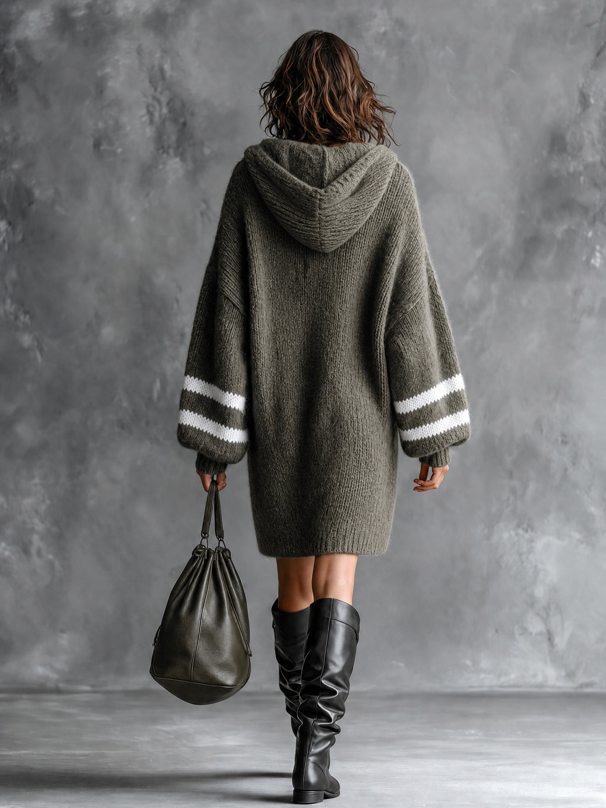 Chic Casual Army Green-White Colorblock Stripes Hooded Collar Long-Lantern-Sleeve Oversized Wool Blend Knit Midi Dress