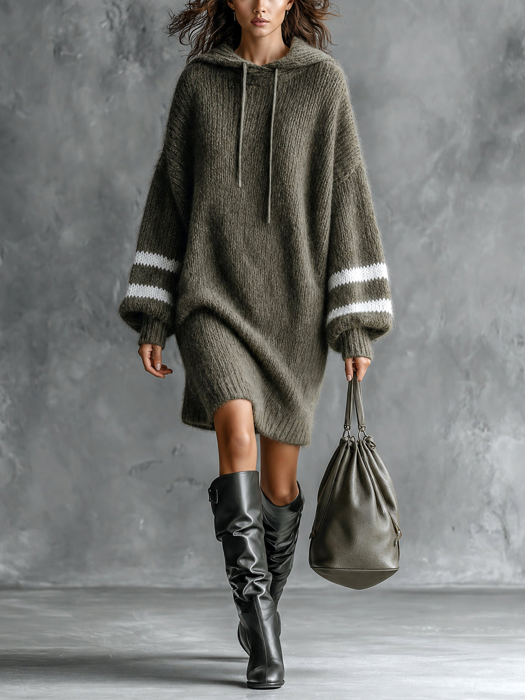 Chic Casual Army Green-White Colorblock Stripes Hooded Collar Long-Lantern-Sleeve Oversized Wool Blend Knit Midi Dress
