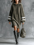 Chic Casual Army Green-White Colorblock Stripes Hooded Collar Long-Lantern-Sleeve Oversized Wool Blend Knit Midi Dress