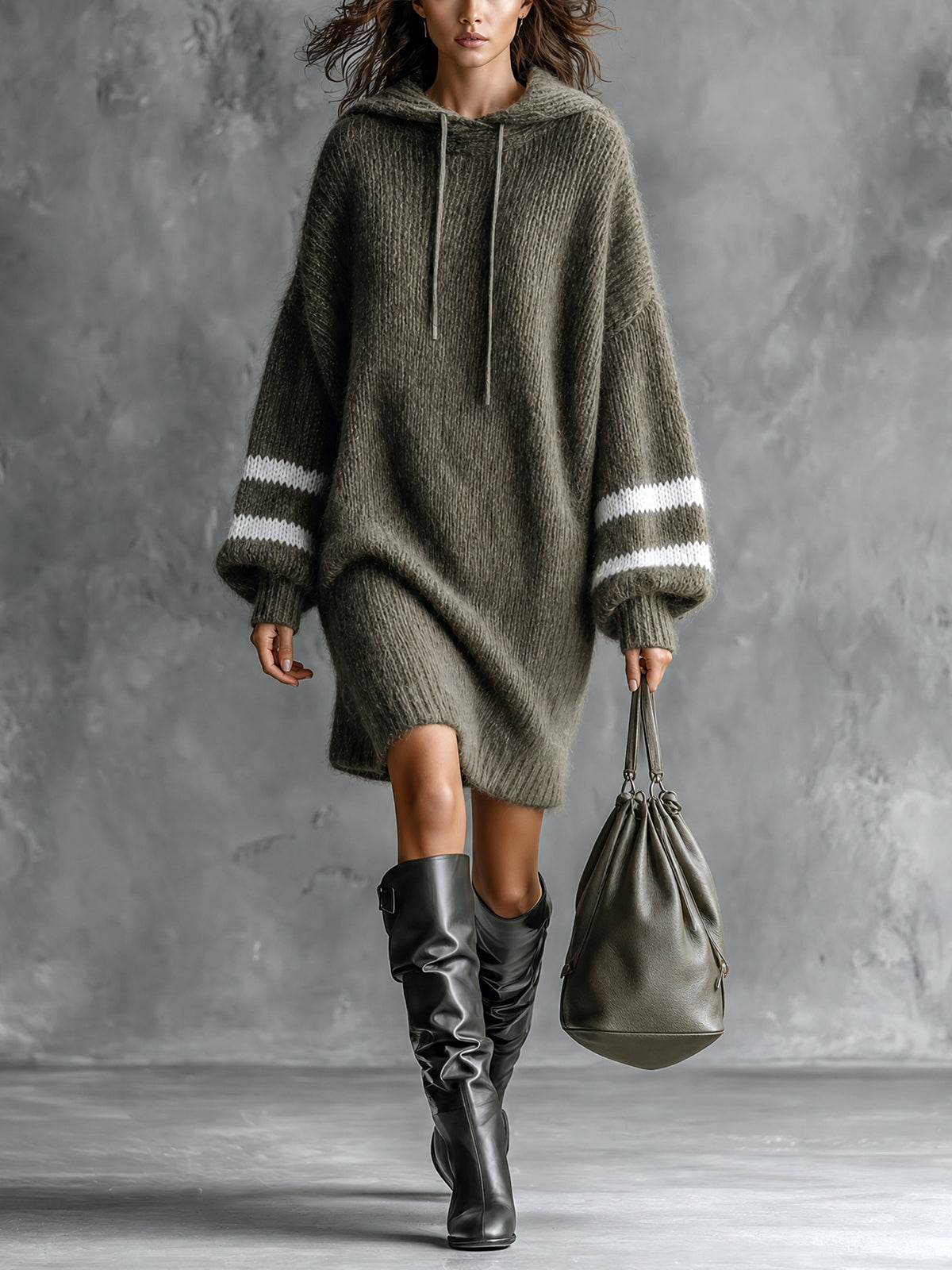 Chic Casual Army Green-White Colorblock Stripes Hooded Collar Long-Lantern-Sleeve Oversized Wool Blend Knit Midi Dress