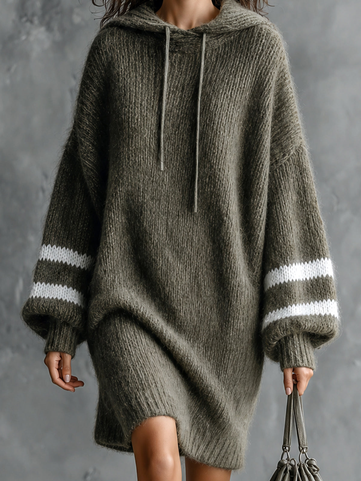 Chic Casual Army Green-White Colorblock Stripes Hooded Collar Long-Lantern-Sleeve Oversized Wool Blend Knit Midi Dress
