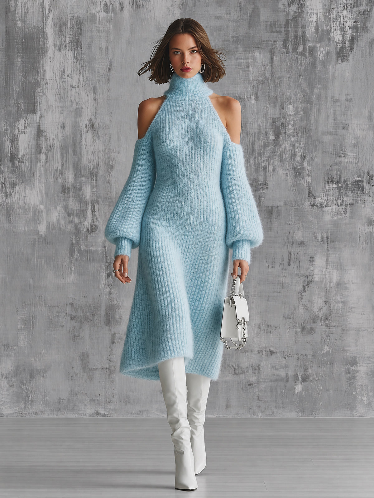 Chic Elegant Blue Turtleneck Cold-Shouler Long-Lantern-Sleeve Slim-Fit A-Line Mohair Blend Knit Midi Dress