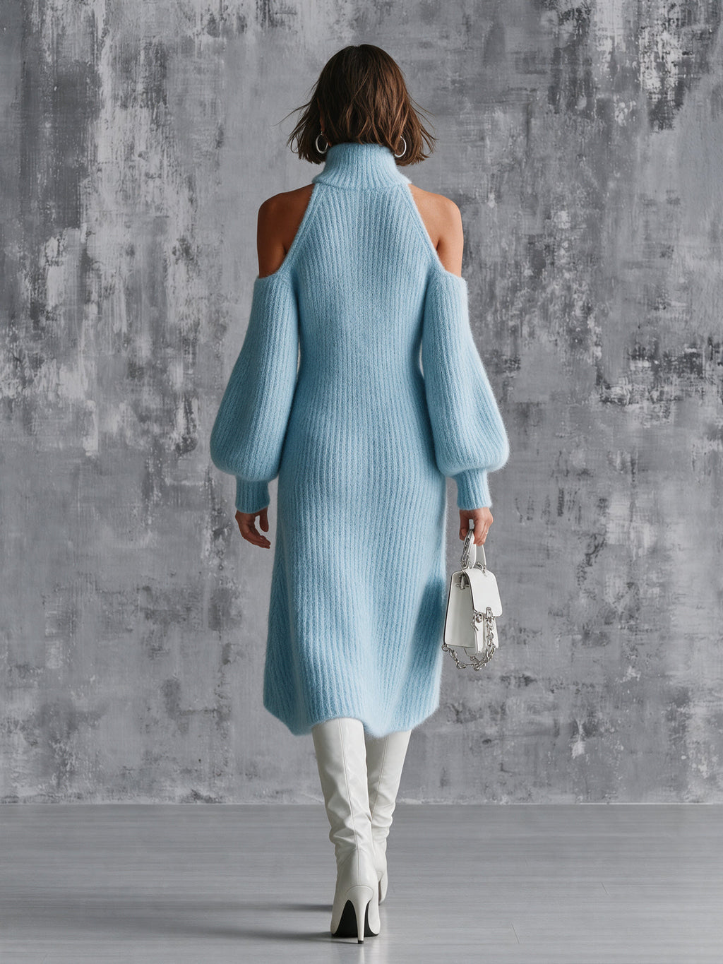 Chic Elegant Blue Turtleneck Cold-Shouler Long-Lantern-Sleeve Slim-Fit A-Line Mohair Blend Knit Midi Dress