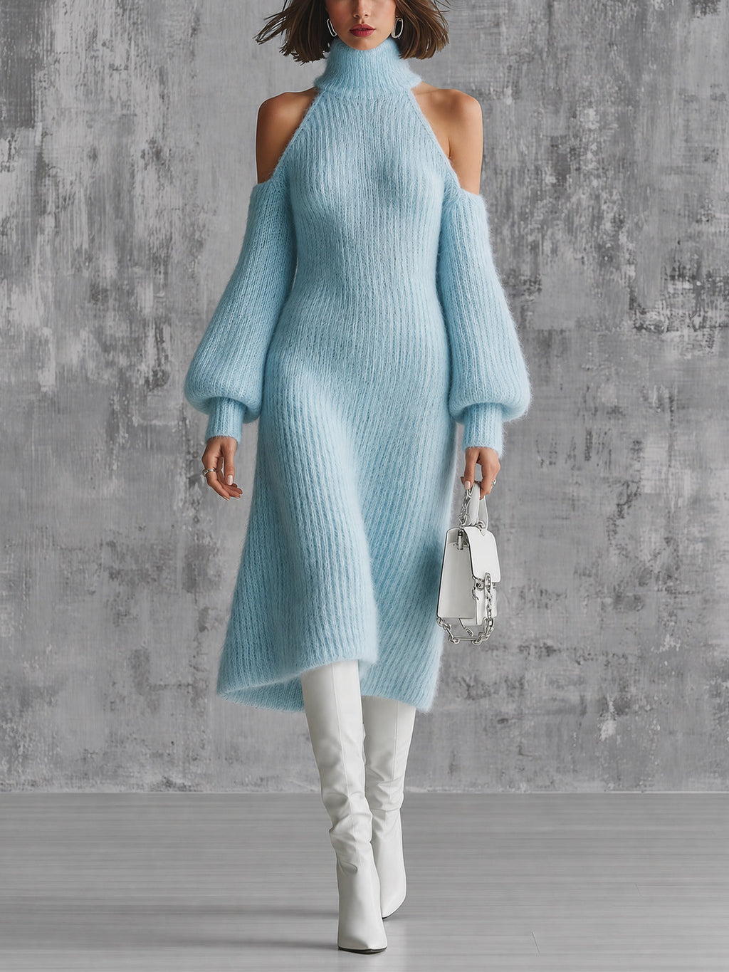 Chic Elegant Blue Turtleneck Cold-Shouler Long-Lantern-Sleeve Slim-Fit A-Line Mohair Blend Knit Midi Dress
