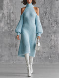 Chic Elegant Blue Turtleneck Cold-Shouler Long-Lantern-Sleeve Slim-Fit A-Line Mohair Blend Knit Midi Dress