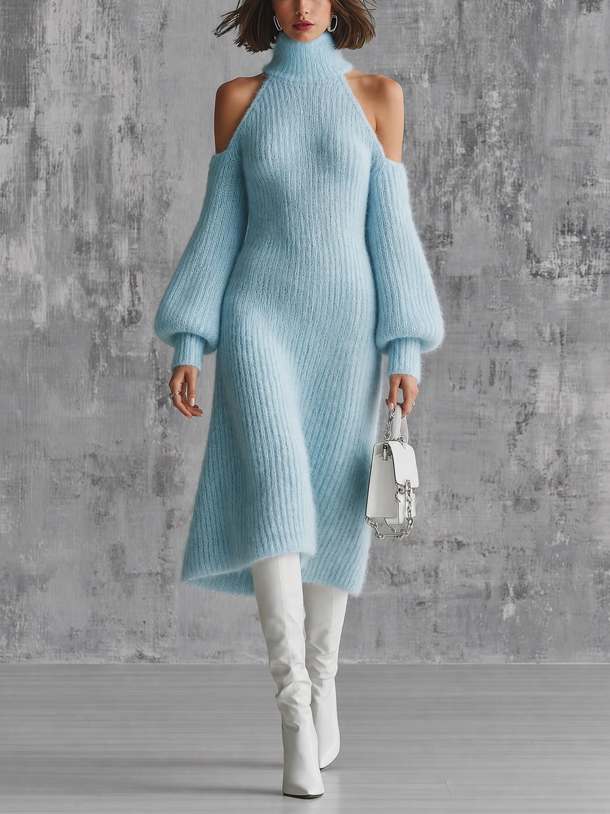 Chic Elegant Blue Turtleneck Cold-Shouler Long-Lantern-Sleeve Slim-Fit A-Line Mohair Blend Knit Midi Dress