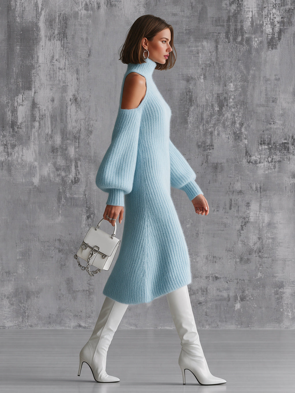 Chic Elegant Blue Turtleneck Cold-Shouler Long-Lantern-Sleeve Slim-Fit A-Line Mohair Blend Knit Midi Dress