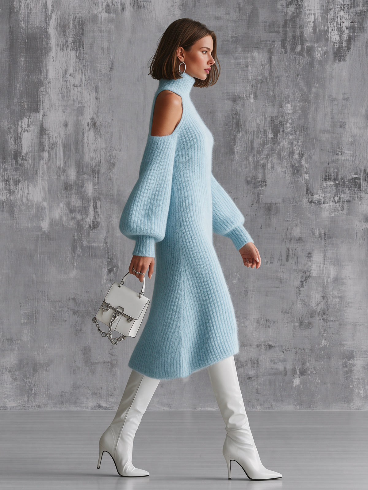 Chic Elegant Blue Turtleneck Cold-Shouler Long-Lantern-Sleeve Slim-Fit A-Line Mohair Blend Knit Midi Dress