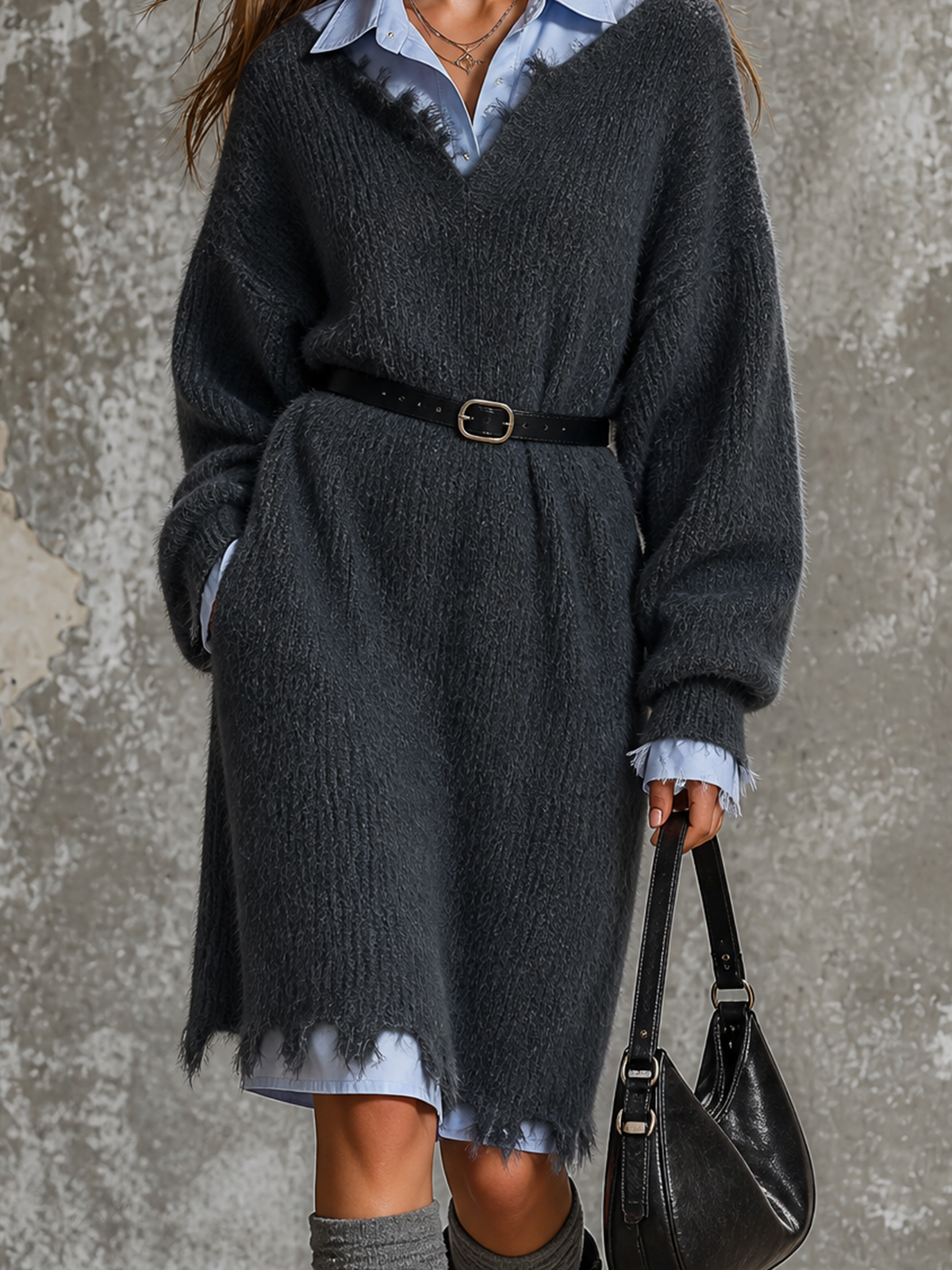 Chic Elegant Dark Grey V-Neck Dropped-Shoulder Long-Sleeve Leather Belt Frayed Hem Loose-Fit Knit Midi Dress