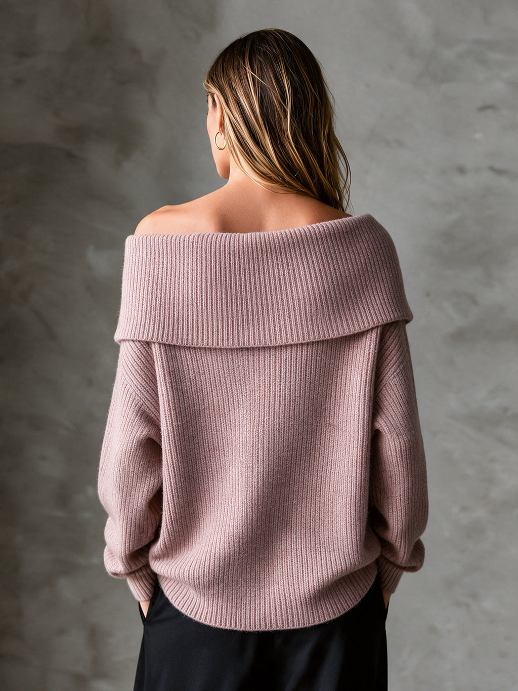 Chic Elegant Pink Off-The-Shouler Long-Sleeve Decorative Button Loose-Fit Wool Blend Ribbed Knit Sweater