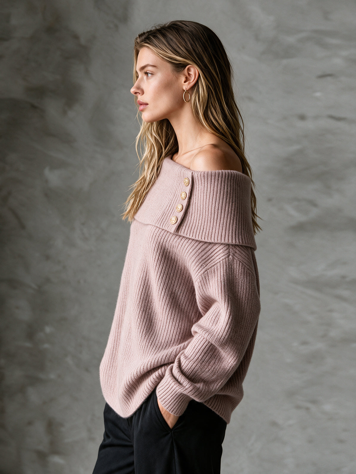 Chic Elegant Pink Off-The-Shouler Long-Sleeve Decorative Button Loose-Fit Wool Blend Ribbed Knit Sweater